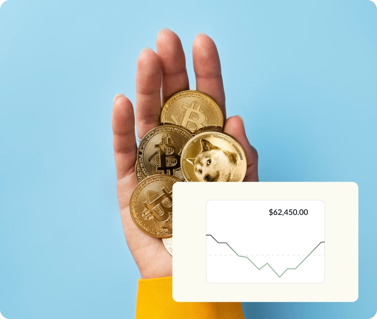 Gold coins held in an open hand beside a steady balance chart