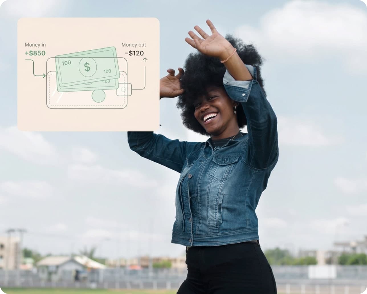 A smiling woman beside a card showing money in and money out